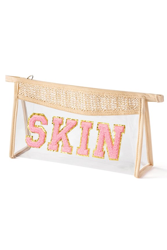 Straw Triangle Makeup Bag for Travel,Large Beige Transparent, 1 Count