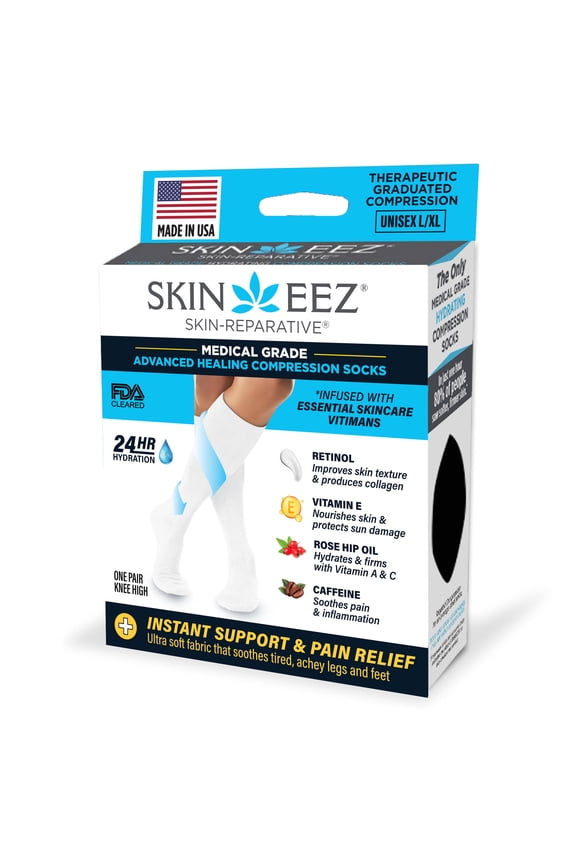 Skineez Hydrating Compression Socks 10-20mmHg, size L/XL, White