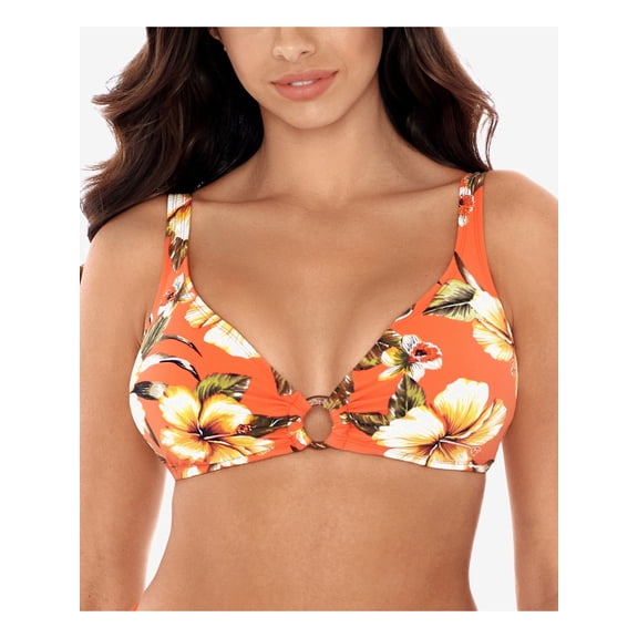 SKINNY DIPPERS Women's Orange Floral Stretch Removable Cups Deep V Neck Ring Kahului Coco Bralette Swimsuit Top S