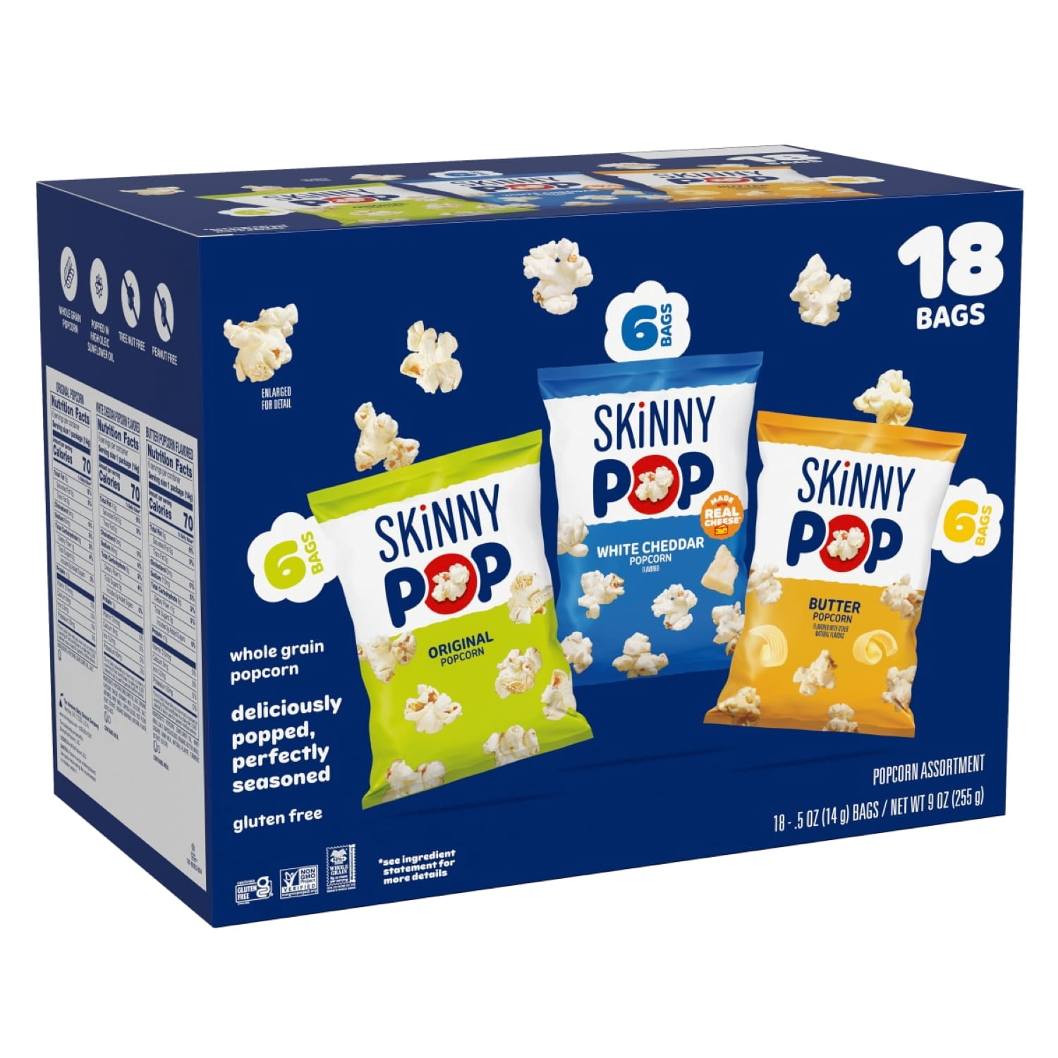 SKINNYPOP Original, White Cheddar, and Butter Popcorn Snack Variety Pack, 0.5 oz Bag, 18 Count