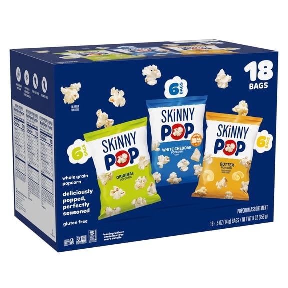 SKINNYPOP Original, White Cheddar, and Butter Popcorn Snack Variety Pack, 0.5 oz Bag, 18 Count