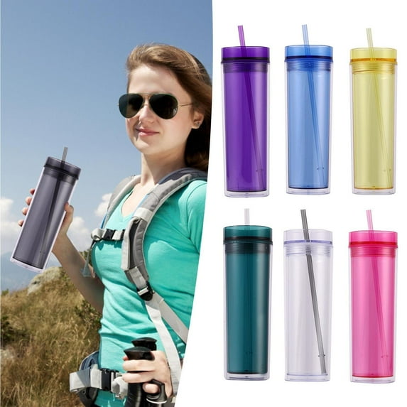 SKINNY TUMBLERS Colored Acrylic Tumblers with Lids and Straws | Skinny, 16oz Double Wall Clear Plastic Tumblers (Multicolor)