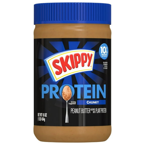 SKIPPY Chunky Peanut Butter Blended with Plant Protein, Shelf Stable, 16 oz Plastic Jar ( 3 Pack )