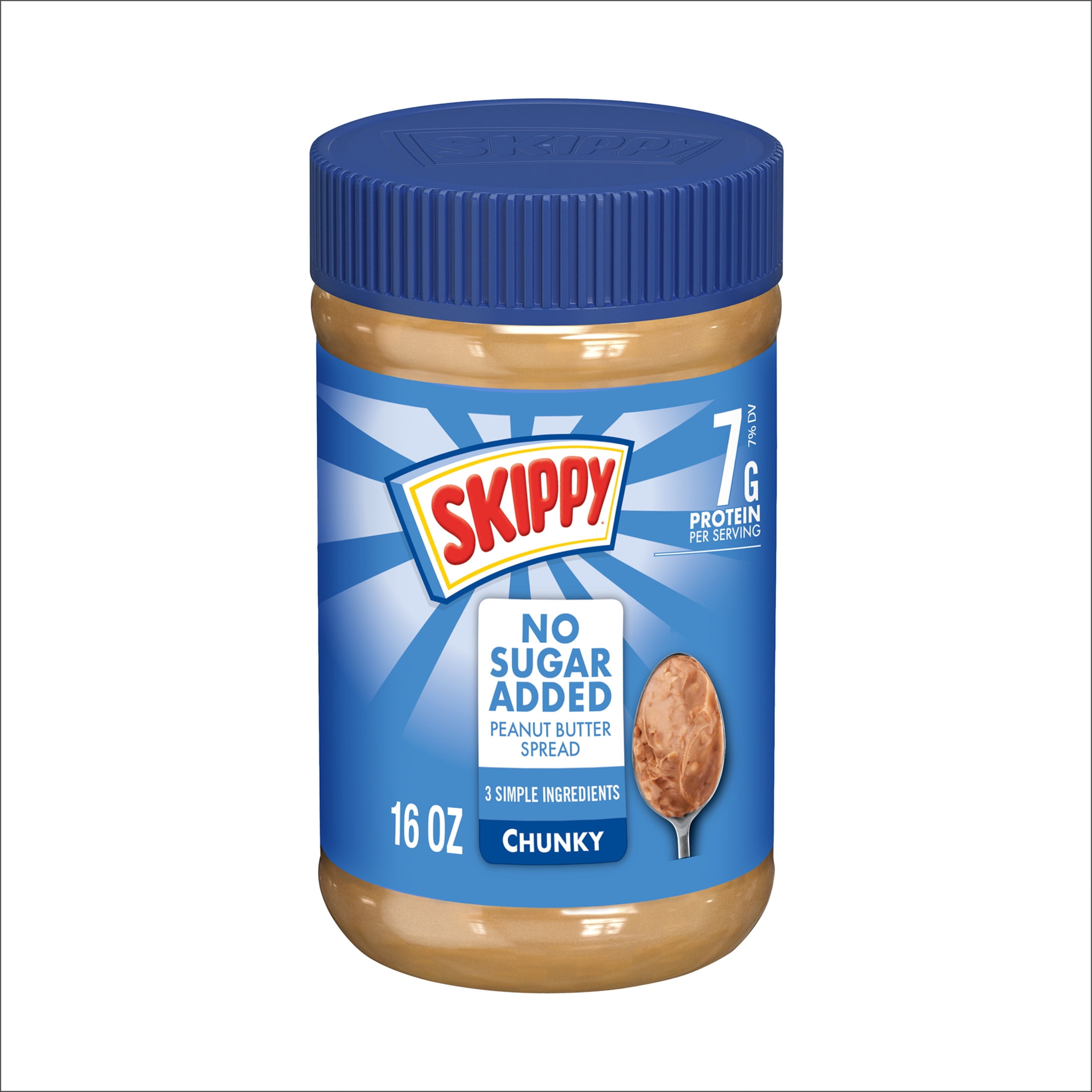 SKIPPY Chunky Peanut Butter Spread No Sugar Added, 7 g Protein Per Serving, Shelf-Stable, 16 oz Plastic Jar