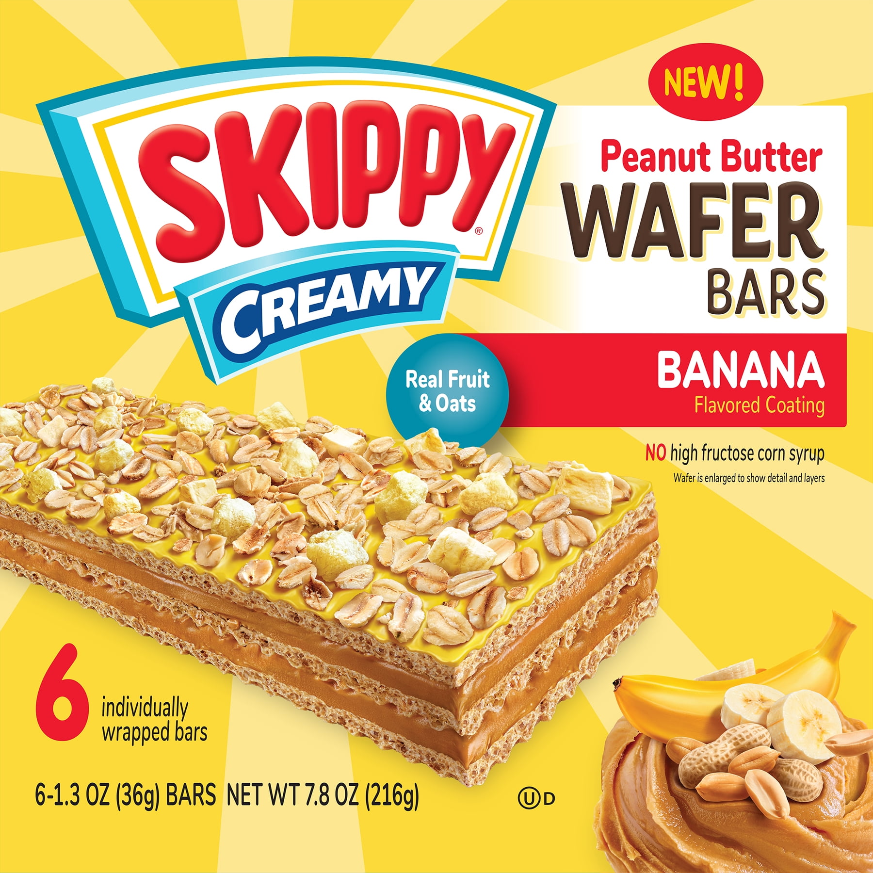 SKIPPY Creamy Banana Coating & Peanut Butter Wafer bars - 6 Individually Wrapped Snack Bars - 1.3 Oz (36g) Per Bar