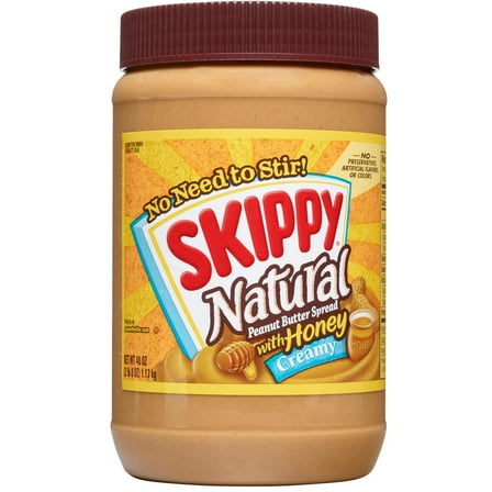 SKIPPY Natural Creamy Peanut Butter Spread with Honey, 6 g Protein Per Serving, Shelf-Stable, 40 oz Plastic Jar