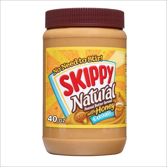 SKIPPY Natural Creamy Peanut Butter Spread with Honey, 6 g Protein Per Serving, Shelf-Stable, 40 oz Plastic Jar