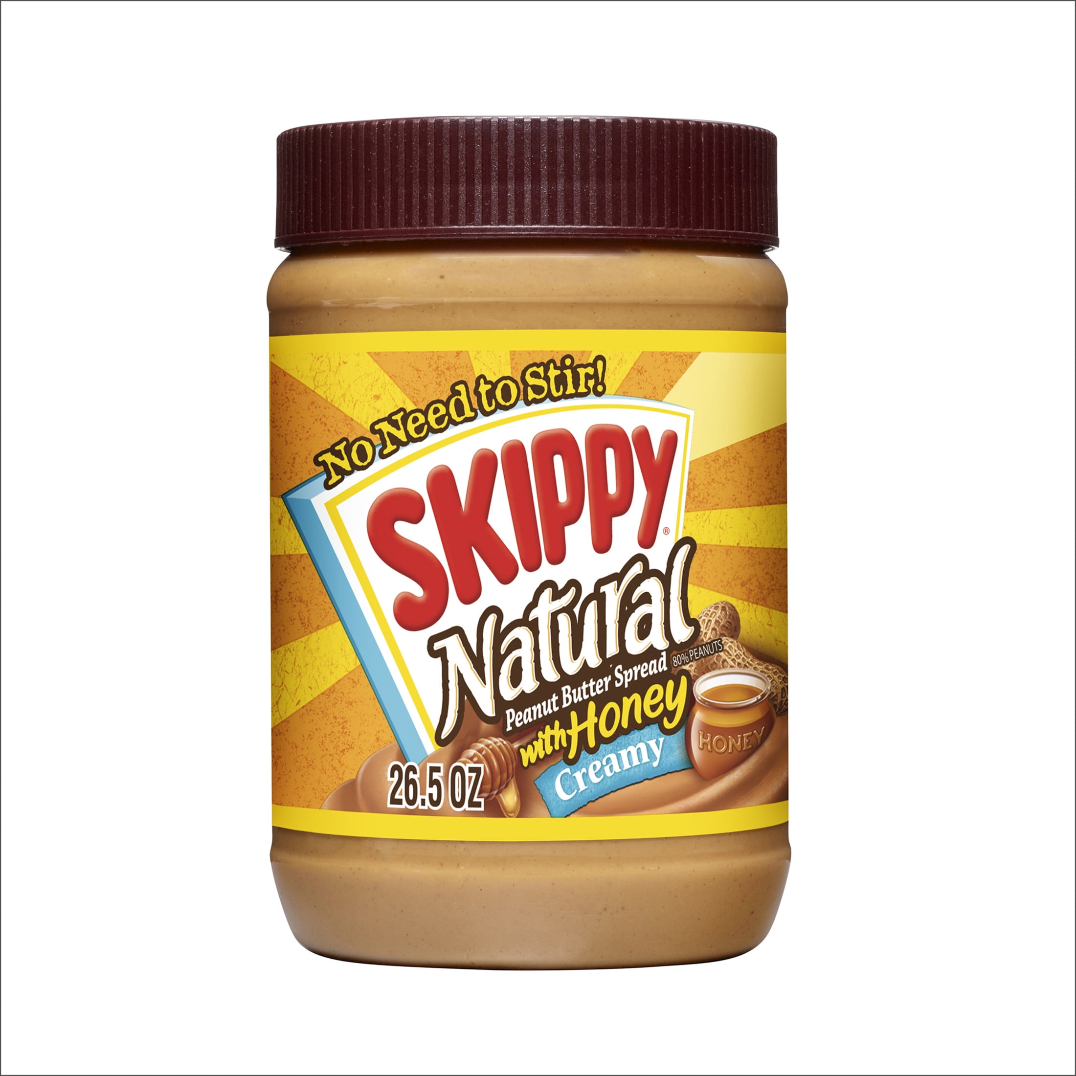 SKIPPY Natural Creamy Peanut Butter Spread with Honey, 6 g Protein Per Serving, Shelf-Stable, 26.5 oz Plastic Jar