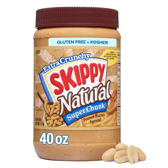 SKIPPY Natural SUPER CHUNK Peanut Butter Spread, Crunchy Peanut Pieces, 7g (7% DV) Protein, 40 oz Jar