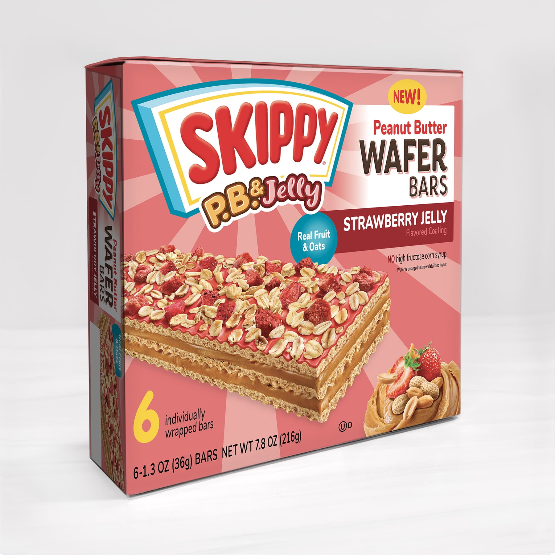 SKIPPY P.B. & Jelly Strawberry Jelly-Coating & Peanut Butter Wafer bars - 6 Individually Wrapped Snack Bars - 1.3 Oz (36g) Per Bar