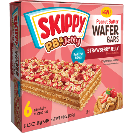 SKIPPY P.B. & Jelly Strawberry Jelly-Coating & Peanut Butter Wafer bars - 6 Individually Wrapped Snack Bars - 1.3 Oz (36g) Per Bar