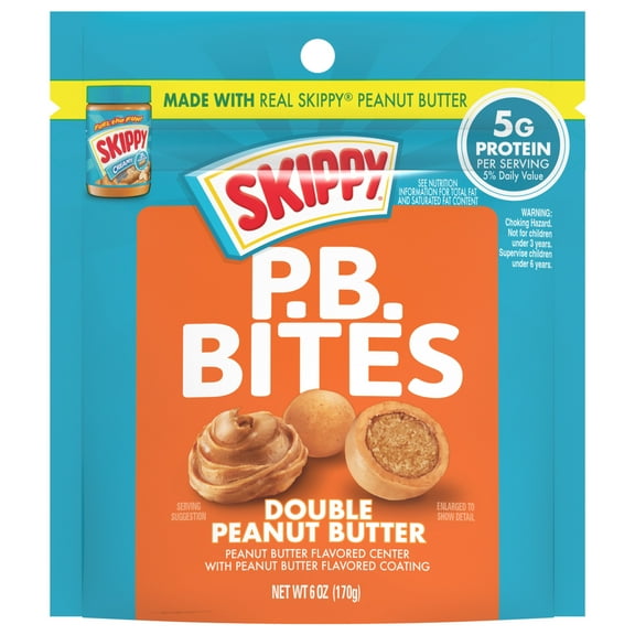 SKIPPY PB Bites Double Peanut Butter Snack, Shelf-Stable, 6 oz Resealable Plastic Pouch