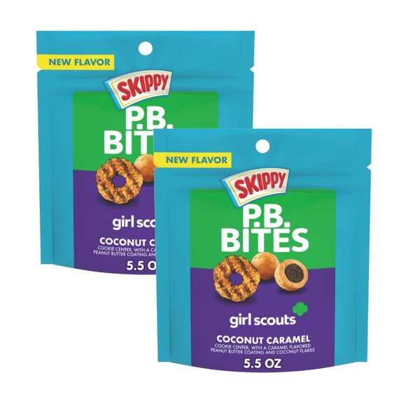 SKIPPY PB Bites Girl Scout Coconut Caramel Snack, Shelf-Stable, 6 oz Plastic Resealable Pouch (2 pack)