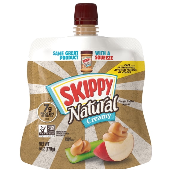 SKIPPY Natural Creamy Peanut Butter Spread, 7g Protein per serving, Shelf-Stable, 6 oz Plastic Package