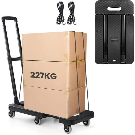 SKISOPGO Folding Hand Truck, Portable 500 LB Heavy Duty Luggage Cart, Utility Dolly Platform Cart with 6 Wheels and 2 Elastic Ropes for Luggage, Travel, Moving, Shopping, Office Use, Black