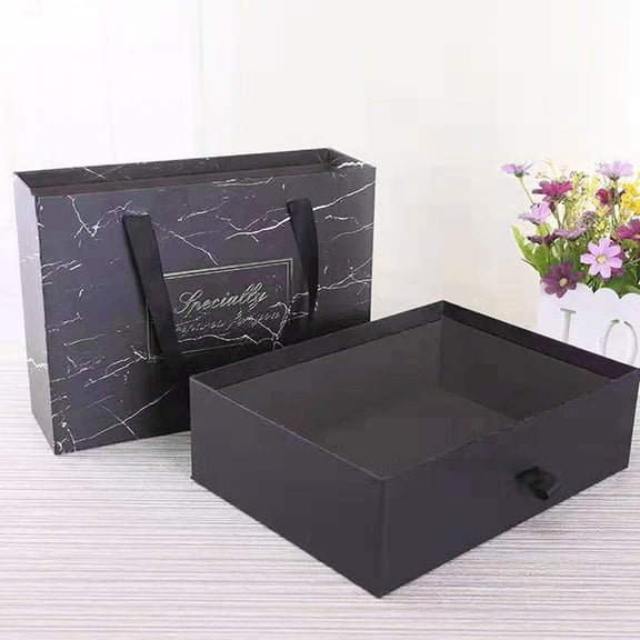 SKISUNO 1Pc Black Marble Wrapping Box with Drawer and Convenient Strap Design