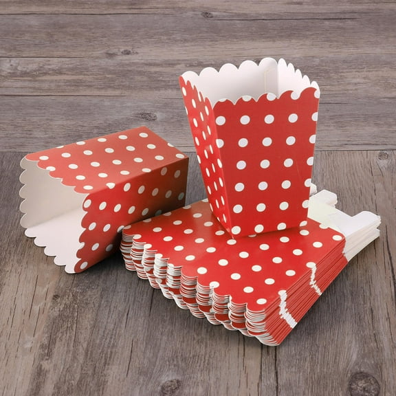 SKISUNO 24Pcs Popcorn Boxes Red with White Dots Paper Snack Container Theater Dessert Tables Wedding Favors