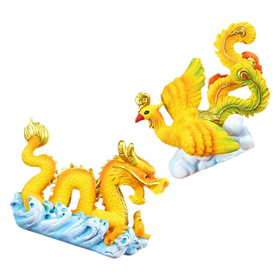 SKISUNO 2Pcs Dragon Phoenix Figurine Cartoon Ancient Style Resin Mini Animal For Home Decoration