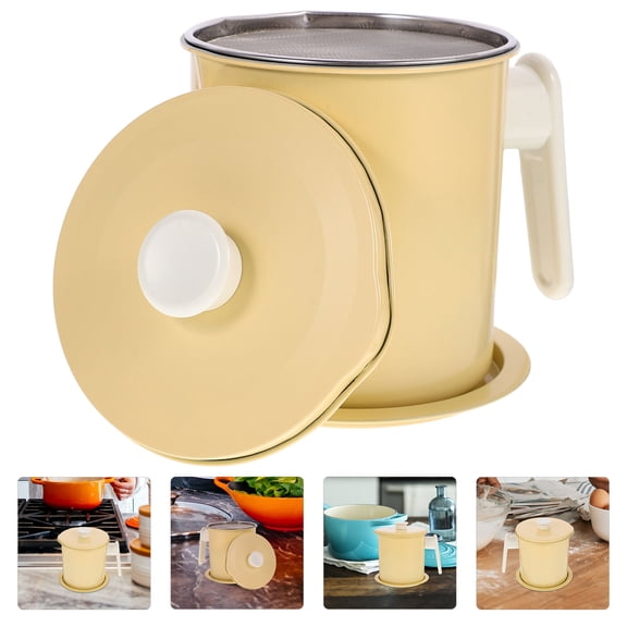 SKISUNO Oil Storage Pot with Fine Mesh Strainer and Spill Proof Design in Khaki for Kitchen Use