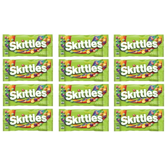 SKITTLES - Original, Wild Berry, Tropical, Smoothies, Sour, Brightside, All Lime - Full Size, Bite Size Candy, Individual Packs - Great For Holidays, Parties, Gifts & More ! Sour - 1.8 Ounce, 12 Count