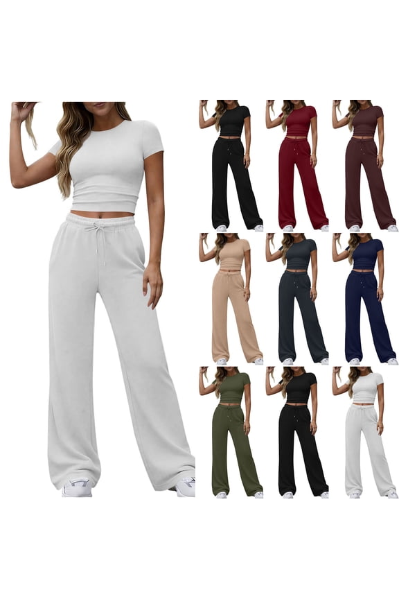 2PCS Matching Summer Sweatsuit Lounge Set Womens Wide Leg Pants Side Ruching Crop Top Sets With Button Front And Side Pockets