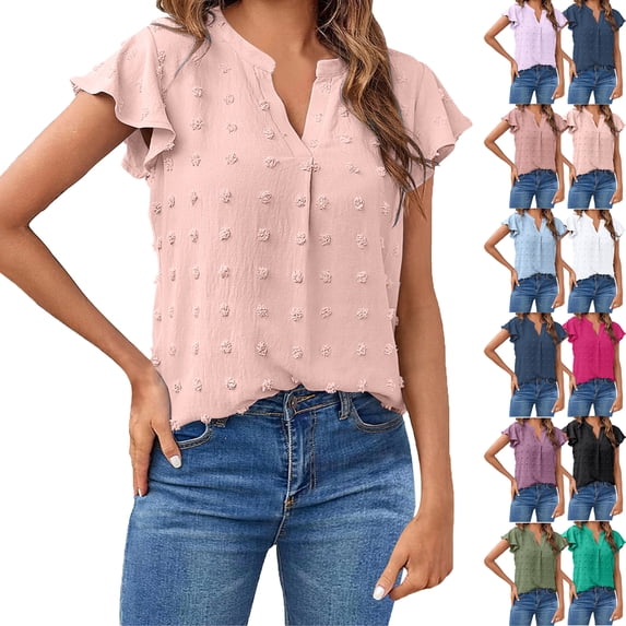 SKIYLEVZ Blouses for Women Dressy V Neck Ruffle Sleeve Summer Tops Casual Flowy Shirts Lightweight Comfortable Womens Shirts Beach Vacation Party Daily Outfit S-XXL