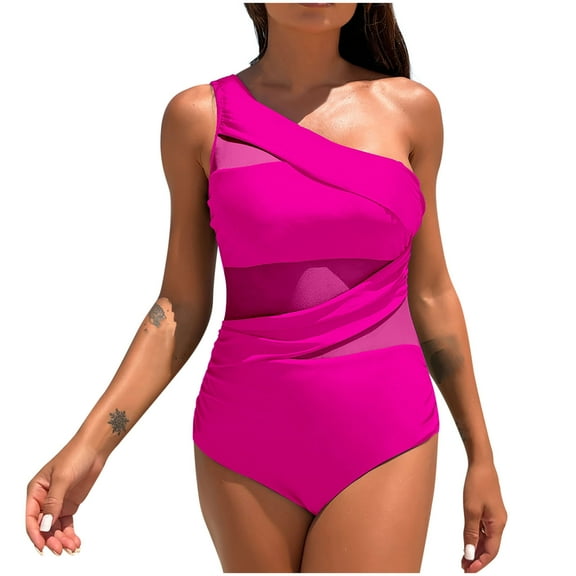 SKIYLEVZ Jelly Texture Swimsuits for Women Color Matching One-shoulder Conservative Skirt Swimsuit Hot Pink,XL