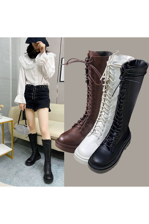 Knee-High Boots for Women Combat Boots Winter Cold Weather Shoes for Everyday & Office Block Heel Stretch Figure Flattering Round Toe Side Zip