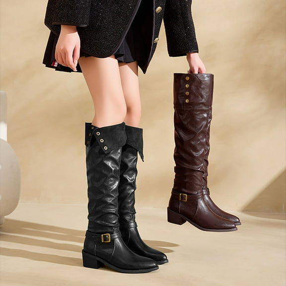 SKIYLEVZ Knee-High Boots for Women Combat Boots Winter Cold Weather Shoes for Outdoor Winter Adventures Block Heel Stretch Figure Flattering Round Toe Side Zip