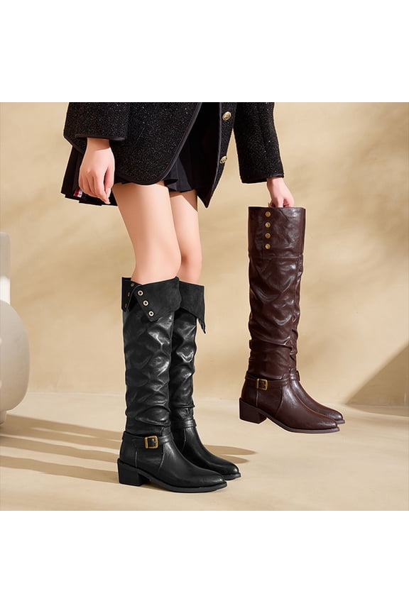 Knee-High Boots for Women Combat Boots Winter Cold Weather Shoes for Outdoor Winter Adventures Block Heel Stretch Figure Flattering Round Toe Side Zip