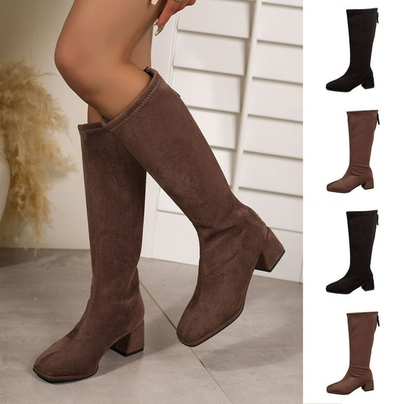 SKIYLEVZ Knee-High Boots for Women Comfort Platform Leather Boots Effortless Booties Perfect for Night Out and Parties Block Heel Stretch Figure Flattering Round Toe Side Zip