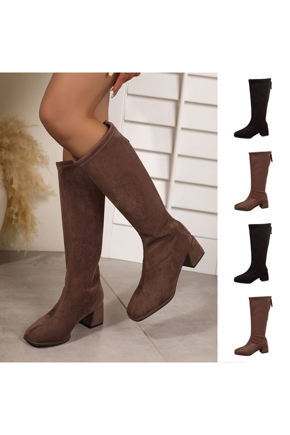 Knee-High Boots for Women Comfort Platform Leather Boots Effortless Booties Perfect for Night Out and Parties Block Heel Stretch Figure Flattering Round Toe Side Zip