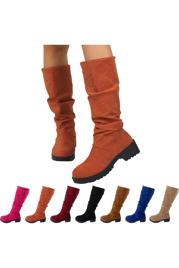 Knee-High Boots for Women Leather Boots Timeless Boho Chic Casual Style Pair with Dresses and Skirts​​ Block Heel Stretch Figure Flattering Round Toe Side Zip