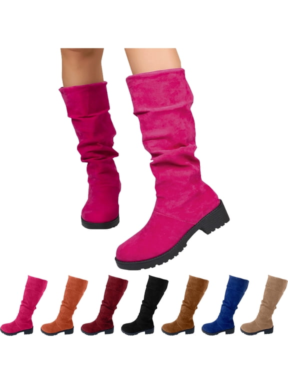 Knee-High Boots for Women Leather Boots Timeless Boho Chic Casual Style Pair with Dresses and Skirts Block Heel Stretch Figure Flattering Round Toe Side Zip