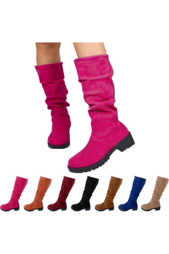 Knee-High Boots for Women Leather Boots Timeless Boho Chic Casual Style Pair with Dresses and Skirts Block Heel Stretch Figure Flattering Round Toe Side Zip