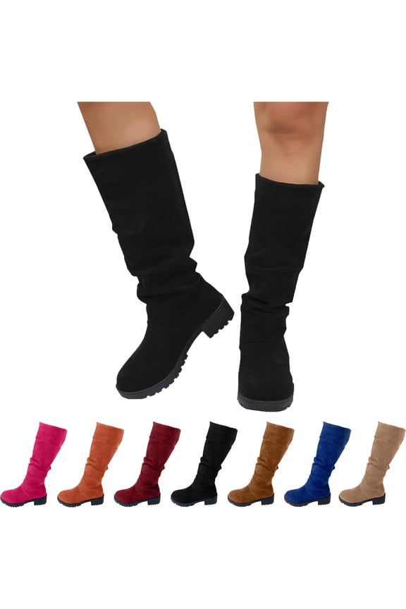 Knee-High Boots for Women Leather Boots Timeless Boho Chic Casual Style Pair with Dresses and Skirts Block Heel Stretch Figure Flattering Round Toe Side Zip