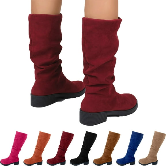 SKIYLEVZ Knee-High Boots for Women Leather Boots Timeless Boho Chic Casual Style Pair with Dresses and Skirts​​ Block Heel Stretch Figure Flattering Round Toe Side Zip