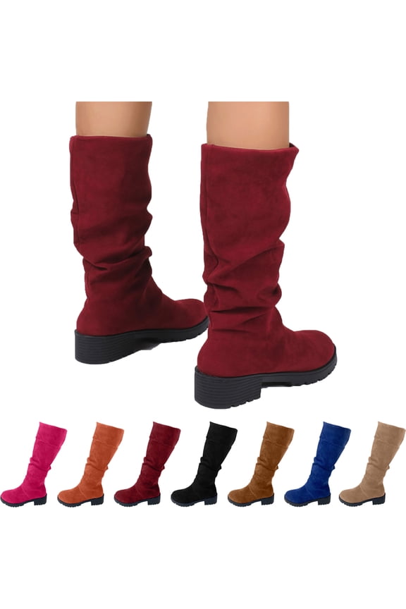 Knee-High Boots for Women Leather Boots Timeless Boho Chic Casual Style Pair with Dresses and Skirts​​ Block Heel Stretch Figure Flattering Round Toe Side Zip