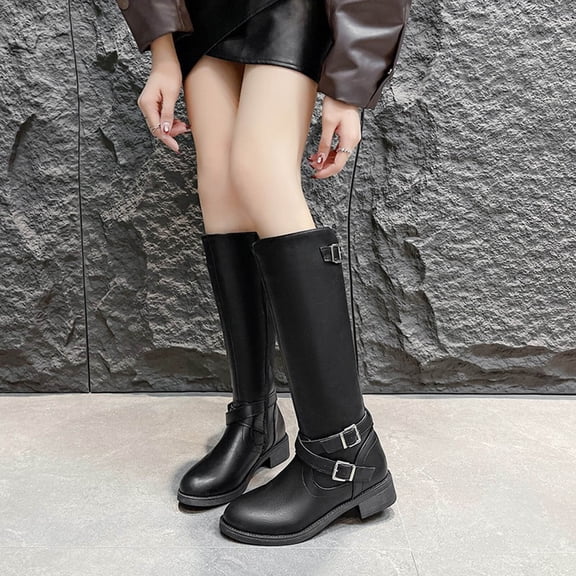 SKIYLEVZ Knee-High Boots for Women Solid Color High Slip-On Boots Knee-High Shoes Faux Leather Knee High Boots Wide Calf Available Casual Fashion Boots