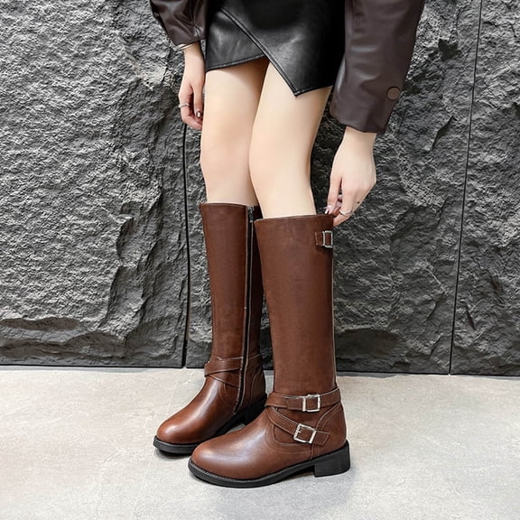 SKIYLEVZ Knee-High Boots for Women Solid Color High Slip-On Boots Knee-High Shoes Faux Leather Knee High Boots Wide Calf Available Casual Fashion Boots