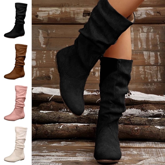 SKIYLEVZ Knee-High Boots for Women Flat Sole Comfort Zipper Shoes Waterproof Fall Winter Trendy Stacked Holiday Season Mid-Calf Boots