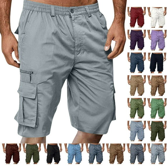 SKIYLEVZ Mens Shorts Solid Color Straight Buttons Zipper Elastic Cargo Pants Multi Pockets Casual Half Trunks Beach Shorts Summer Vacation Beach Fashion