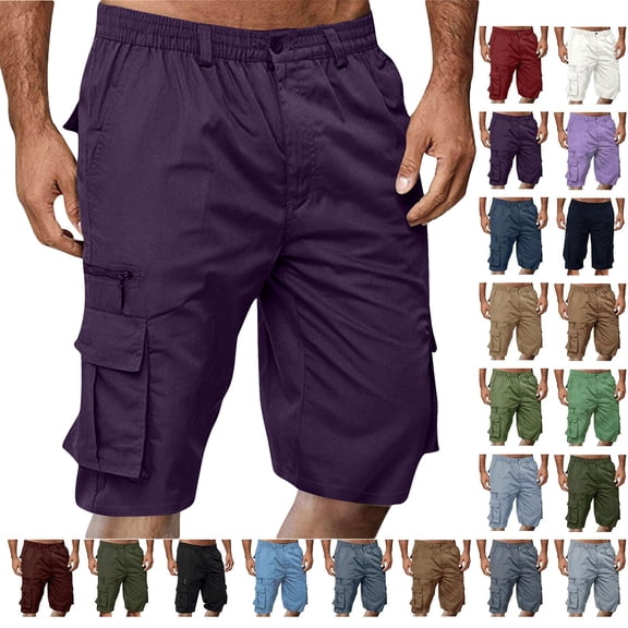 SKIYLEVZ Mens Shorts Solid Color Straight Buttons Zipper Elastic Cargo Pants Multi Pockets Casual Half Trunks Beach Shorts Summer Vacation Beach Fashion