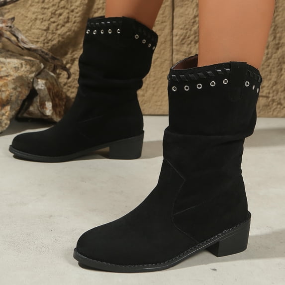 SKIYLEVZ Mid-calf Boots for Women Wide Calf Cowgirl Boots Style Side Zipper Classic Round Toe Cowgirl Boots with Low Chunky Heel Motorcycle Style Flat Heel Round Toe