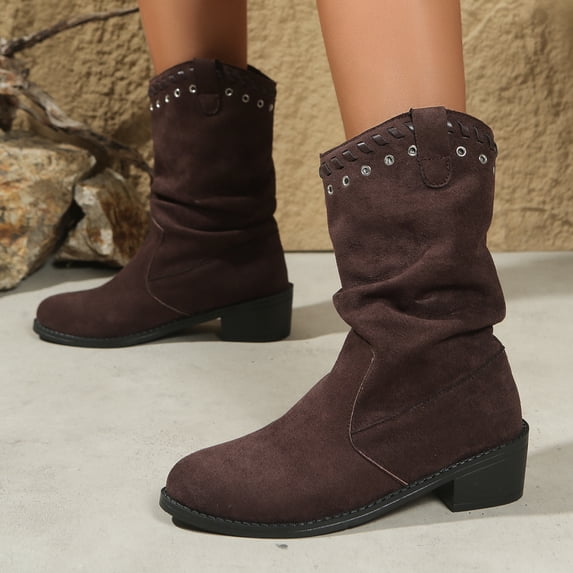 SKIYLEVZ Mid-calf Boots for Women Wide Calf Cowgirl Boots Style Side Zipper Classic Round Toe Cowgirl Boots with Low Chunky Heel Motorcycle Style Flat Heel Round Toe