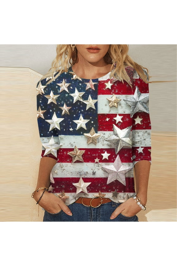 Plus Size Women T Shirts 4th of July American Flag Shirt The Stars and Stripes Summer Fashion Tops T-shirt for Independence Day Crew Neck Anniversary Clothing