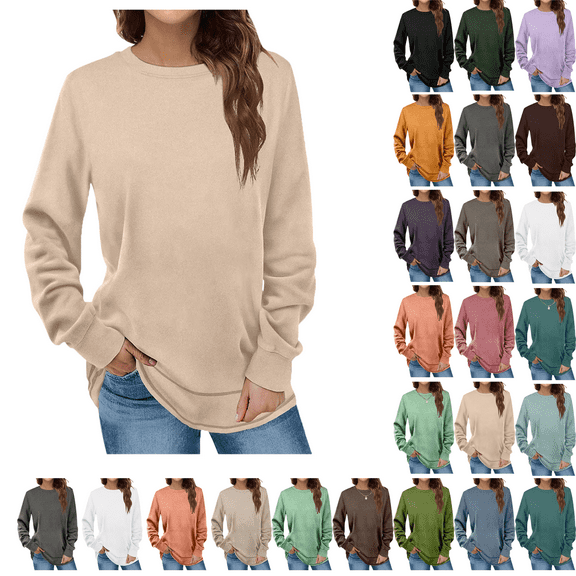 SKIYLEVZ Spring Sweatshirts for Women Crewneck Casual Long Sleeve Shirts Tunic Tops Solid Womens Pullover Shirt Comfortable Winter Tops Plus Size S-3XL