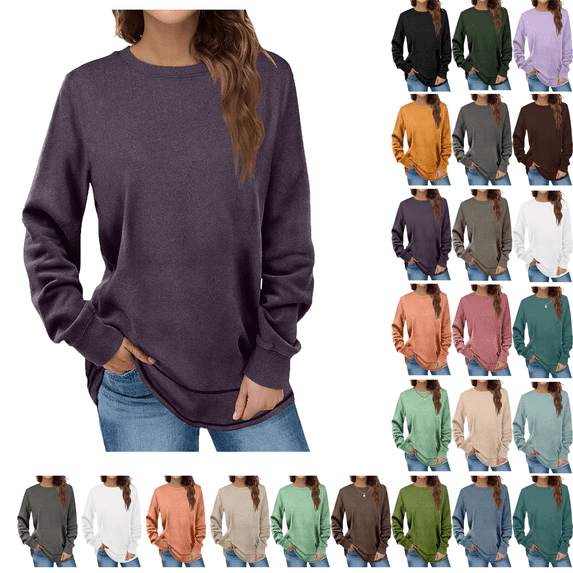 SKIYLEVZ Spring Sweatshirts for Women Crewneck Casual Long Sleeve Shirts Tunic Tops Solid Womens Pullover Shirt Comfortable Winter Tops Plus Size S-3XL