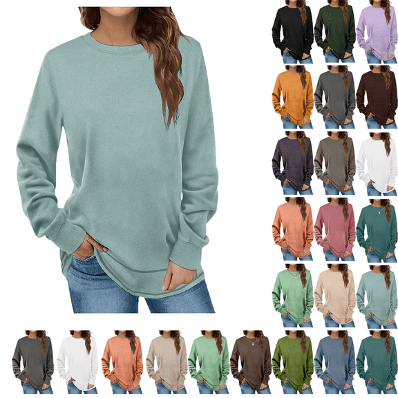 SKIYLEVZ Spring Sweatshirts for Women Crewneck Casual Long Sleeve Shirts Tunic Tops Solid Womens Pullover Shirt Comfortable Winter Tops Plus Size S-3XL