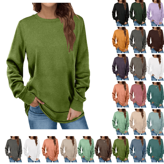 SKIYLEVZ Spring Sweatshirts for Women Crewneck Casual Long Sleeve Shirts Tunic Tops Solid Womens Pullover Shirt Comfortable Winter Tops Plus Size S-3XL